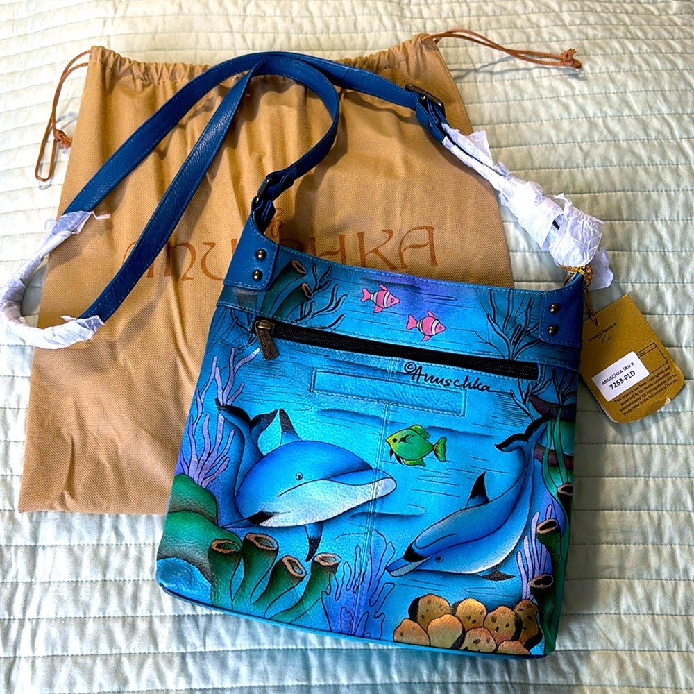 Anuschka Playful Dolphin large crossbody bag